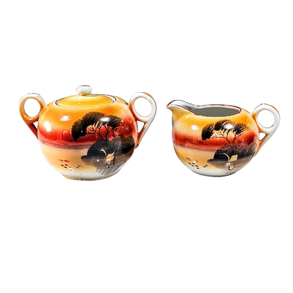 Vintage Chinoisere Art Deco Japanese Cream And Sugar Bowl Hand Painted